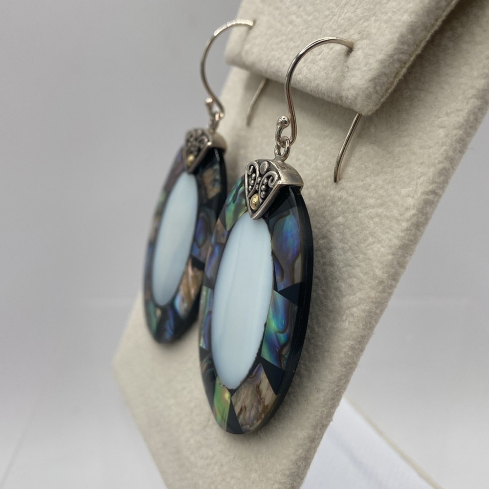 Robert Manse Sterling Silver 18K Abalone Mother of Pearl Earrings 2 1/4”L - Picture 3 of 13